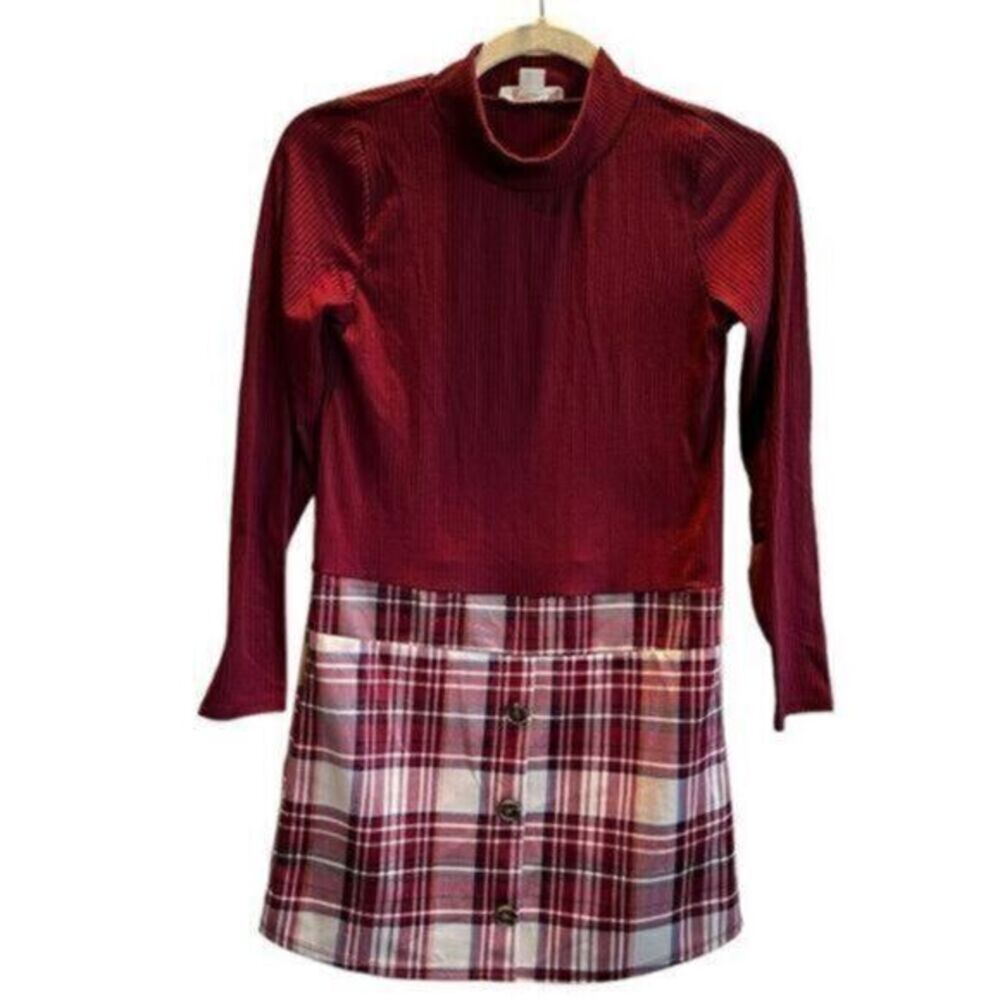 GUC - Knitworks Girls Red Maroon Cream Plaid Long Sleeve - Size Large/14 - Picture 4 of 5